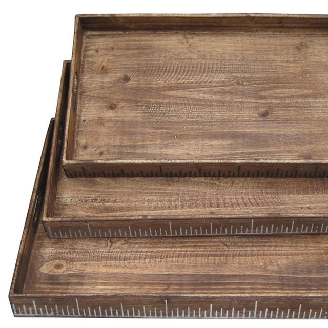 CHLOE Natural Rustic Wood Trays with Distressed Ruler Design (Set of 3) - WOODEN SOUL