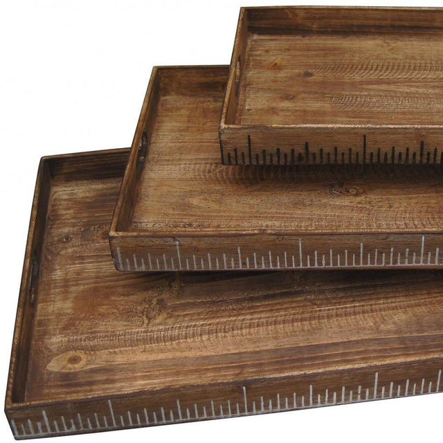 CLYDE Dark Rustic Wood Trays with Ruler Design (Set of 3) - WOODEN SOUL