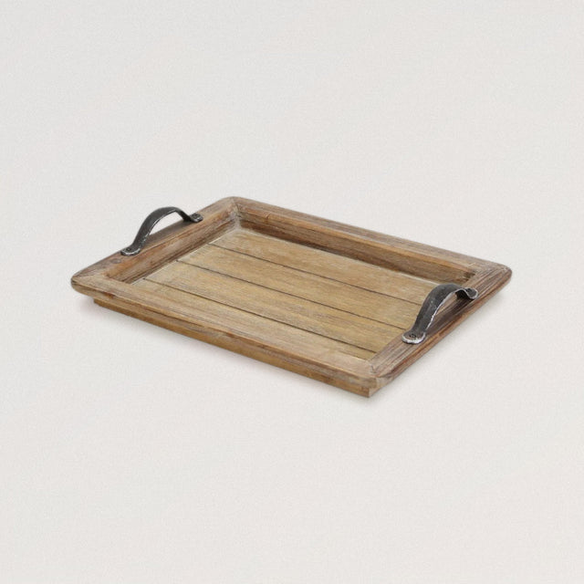 BRENDA Panelled Wood Tray with Antiqued Metal Handles - WOODEN SOUL