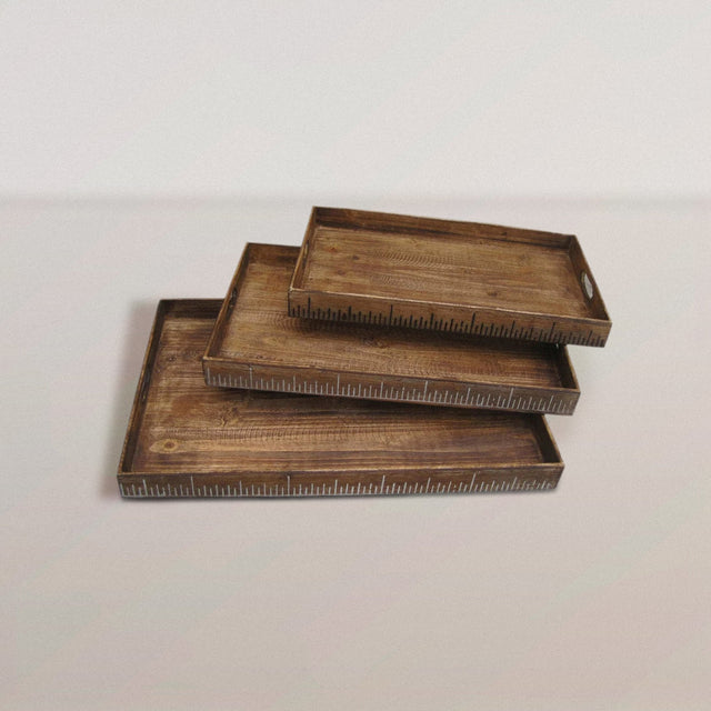 Dark Rustic Wood Trays with Ruler Design (Set of 3) - WOODEN SOUL