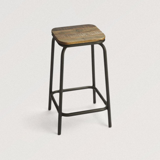 Industrial Bar Stool in Solid Mango Wood and Iron - Wooden Soul