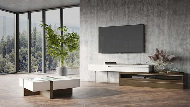 Interlocking Square Coffee Table with Hidden Drawers in Polished White Wood Photo - Wooden Soul