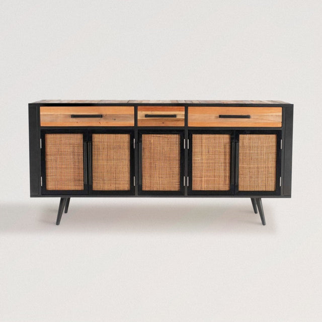 Multicolored Buffet / Sideboard Cabinet with Rattan Doors and Reclaimed Wood (71") - Wooden Soul