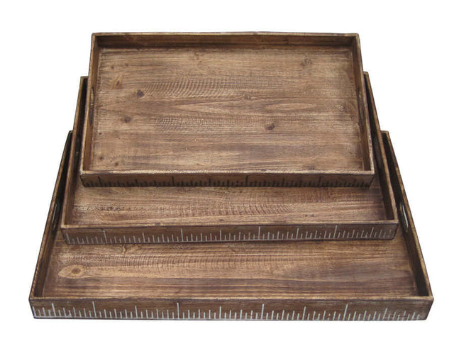 Natural Rustic Wood Trays with Distressed Ruler Design (Set of 3) - Wooden Soul