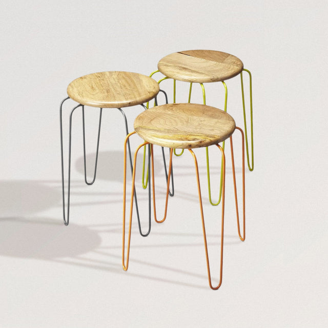 Stackable Stools in Mango Wood + Iron (Set of 3) - Wooden Soul